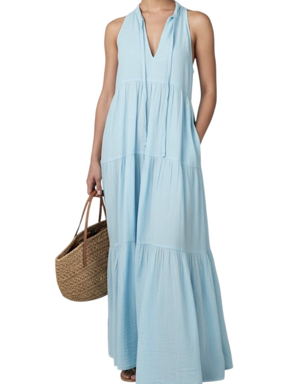 Honorine Light Baby Blue Tiered Neck Straps Maxi Dress Women's Size XS (Fits M!)